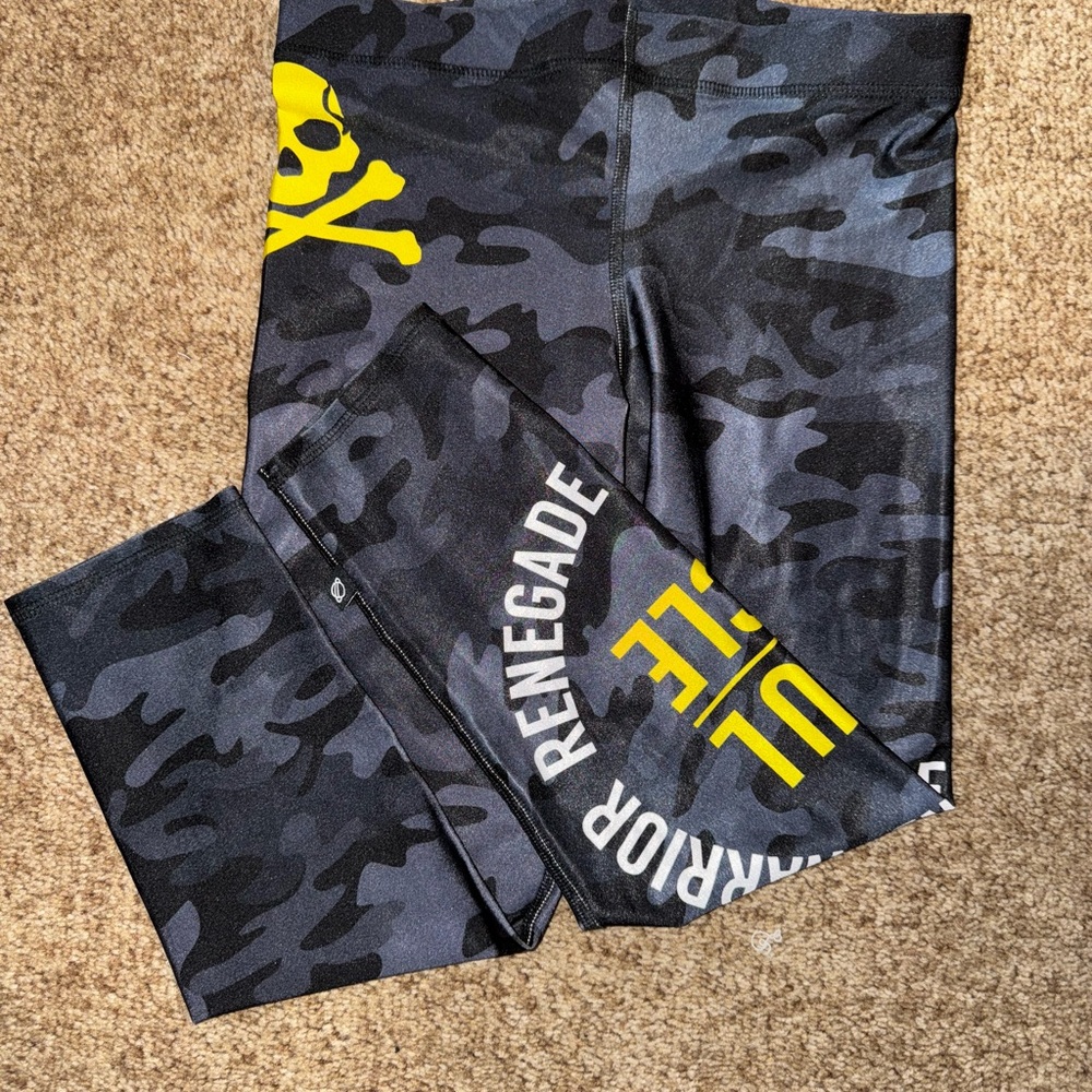 Terez x Soulcycle Camouflage Leggings with Soulcycle Yellow Skull Design